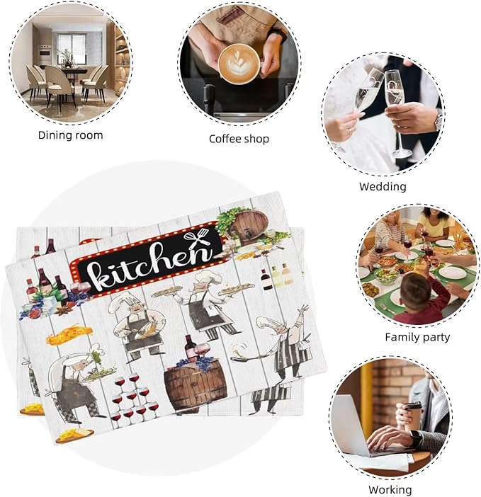 Chef Kitchen Linen Placemats Set of 4 Wine Cooking Theme Placemats for Indoor Outdoor Party Home Desktop Dining Room Decor 12x18 Inch