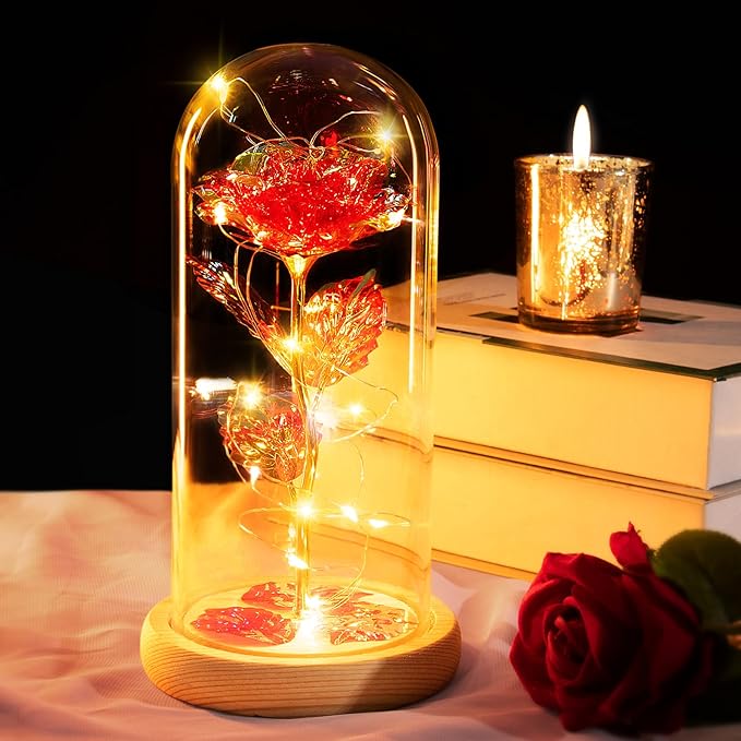 Beferr Mom Birthday Gifts for Women, Galaxy Glass Rose Forever Preserved Flowers for Delivery Prime Light Up Rose in Glass Dome Christmas Rose Gifts for Her Wife Daughter Friends, Red