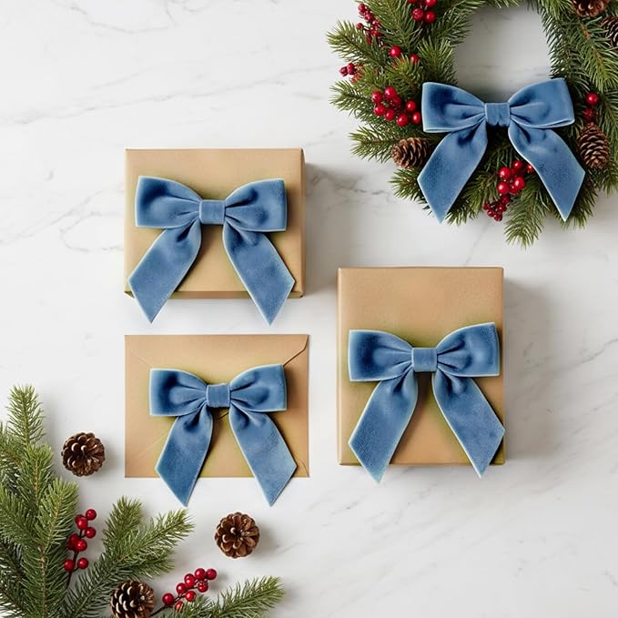 30 Pcs Velvet Ribbon Bows 5" x 4" Pre Tied Christmas Velvet Bows with Twist Tie for Gift Packaging Christmas Tree Wreaths Door Windows Wedding Party Decoration(Dusty Blue)