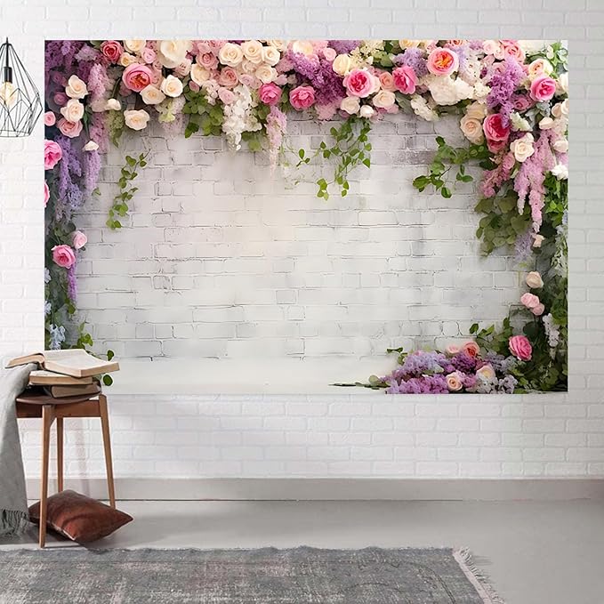 7x5ft Wedding Backdrop Rustic White Brick Wall Flowers Photography Background Bridal Shower Wedding Party Adults Portraits Decoration Supplies Photo Booth Props