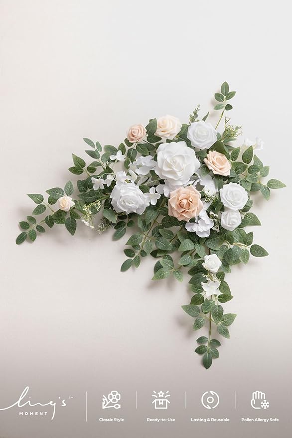 Ling's Moment Wedding Artificial Welcome Sign Flowers Swag Arch Floral Garland Decorations White & Sage for Ceremony Reception Entrance Entryway Party Banquets Easel Wall Home Outdoor(NOT Include Sign