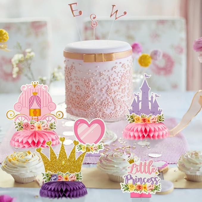 12Pcs Floral Princess Party Honeycomb Centerpieces Princess Theme Party Decorations Supplies Pink and Gold Castle Crown Carriage Baby Shower Birthday Table Toppers for Girls