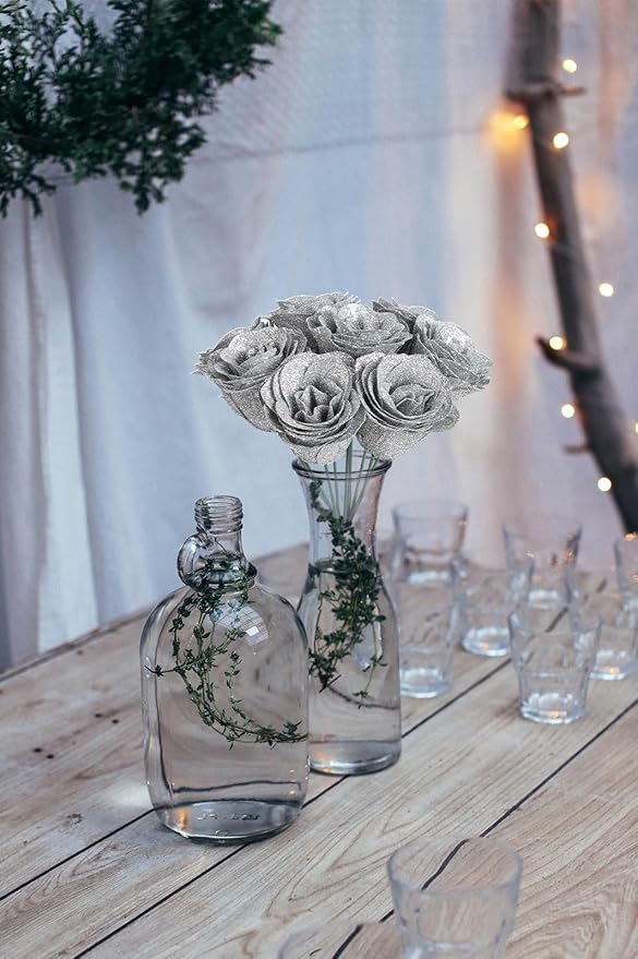 Glitter Roses Bouquet,30PCS Silver Roses Fake Roses Artificial Flowers for Wedding Bouquet Party Christmas Home Decor(Silver)