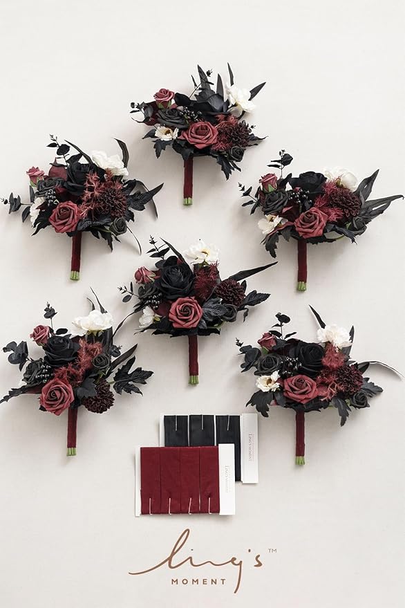 Ling's moment Artificial Flowers Gothic Bridesmaid Bouquet Set of 6, Burgundy and Black Bridal Bouquets for Bridesmaids, 7 Inch Wedding Flowers Bouquets for Wedding, Ceremony, Anniversary, etc