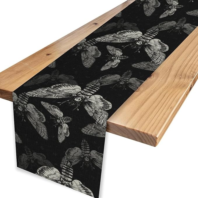 Gothic Moth Table Runner, Boho Gothic Mystical Witchy Skull Retro Farmhouse Coffee Table Center Decor for Home Kitchen Dining Patio Holiday Party Table Decorations 13x108 inches