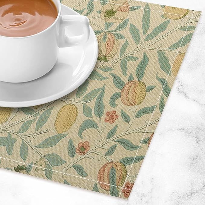 Vintage Floral Placemats Set of 6, William Morris Retro Fruit Boho Botanical Plant Place Mats, Heat Resistant Non Slip Cotton Linen Dining Table Mats for Home Kitchen Party 18x12 Inch