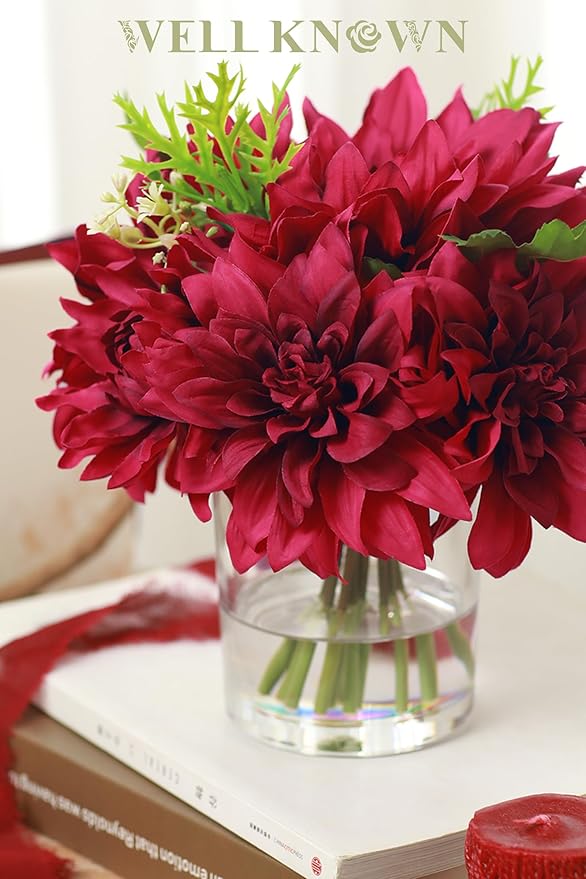 WELL KNOWN Dahlia Artificial Flowers in Vase, Silk Faux Flower Arrangements in Vase with Faux Water for Dining Table Centerpieces, Home Decor, Thanksgiving Christmas Greeting Gift (Fuchsia Red)