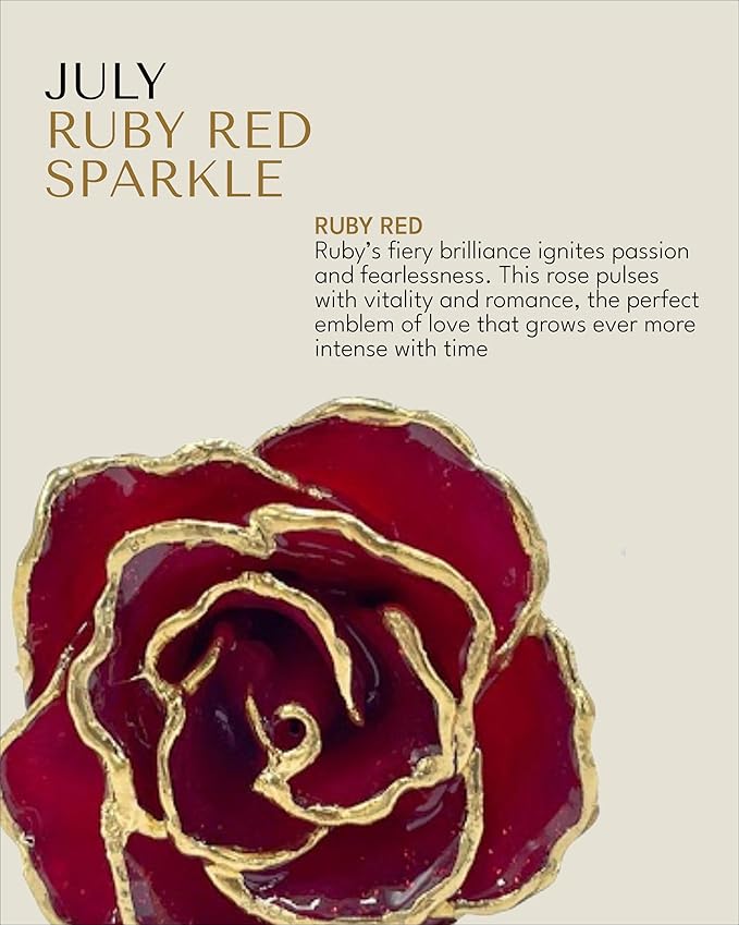 Forever Rose Hand-Dipped in 24K Gold, Ruby Red-Inspired July Birthstone with Sparkles, Real Rose in Luxury Gold Gift Box – Perfect Ready to Gift for July Birthday or Any Occasion