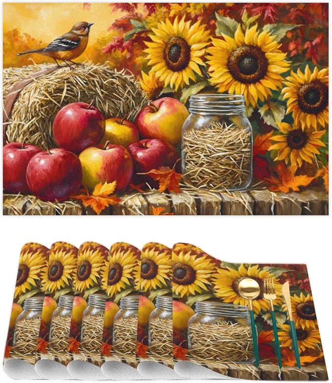 Autumn Apple Flower Sunflower Placemats Set of 6 PVC Vinyl Non Slip Table Mats Heat Resistant Place Mats Washable Wipeable Dining Table Mat for Kitchen Decor Party Indoor Outdoor Decorative Gift