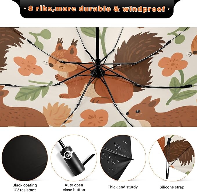Squirrels and Flowers Pattern Print Folding Umbrella Compact Travel Automatic Open Close Sun UV Protection Reverse Inverted Umbrella for Rain Women Men Outsid