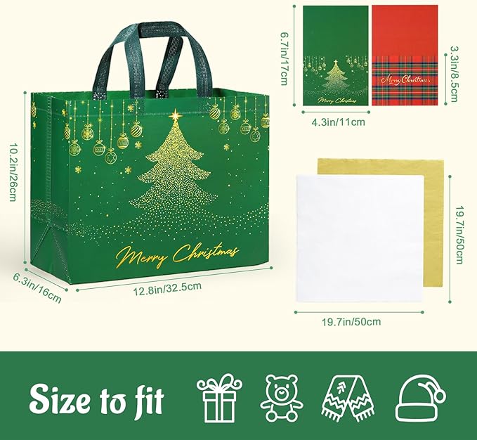 YANGTE 6 Pack 13" Large Christmas Gift Bags with Tissue Paper, Reusable Non-Woven Christmas Bag with Handles for Holiday Presents Wrapping, Xmas Tote Bags for Gifts Wrapping Xmas Party Favors