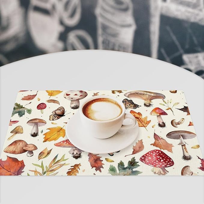 Mushroom Botanical Placemats Set of 4 Mushroom Plants Place Mats Botanic Waterproof Washable Table Mats Kitchen Dining Decoration 4 PCS