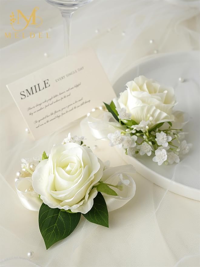 Meldel 6 Pcs Ivory White Rose Wrist Corsage for Wedding, Bride Bridesmaids Corsages, Pearls Bracelet Wrist Flower for Prom Homecoming Party, Wrist Corsage for Mother of Bride and Groom Wedding Decor