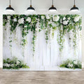 8x6ft White Flower Backdrop Green Leaves Wedding Bridal Shower Photography Background Floral Rustic Wood Wall Birthday Party Banner Decorations Reception Ceremony Portrait Photo Booth Prop