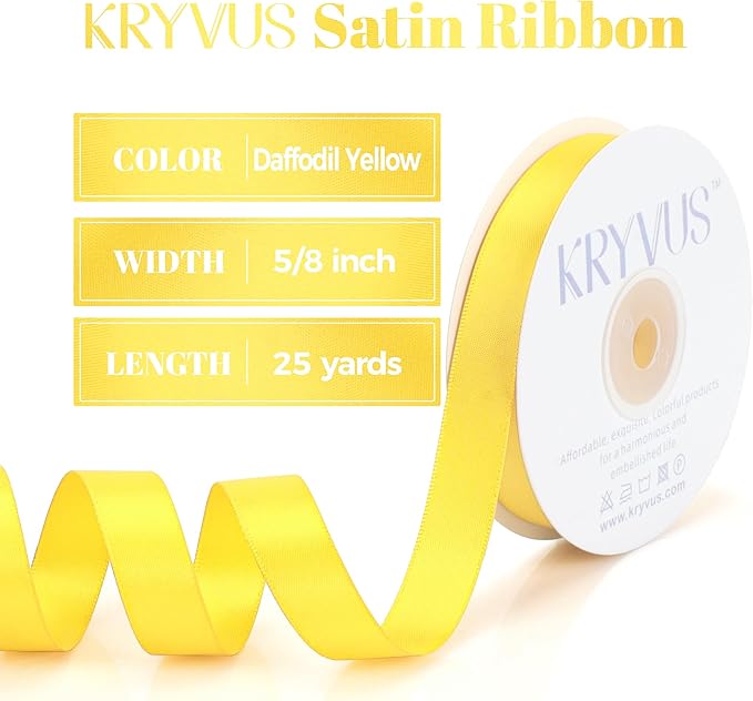 Daffodil Yellow Satin Ribbon, Double Faced 5/8 Inch X 25 Yards Daffodil Ribbon, Premium Satin Ribbon for Gift Wrapping, Crafts, Hair Bow Making, Sewing, Flower Bouquet, Wedding Party Decor