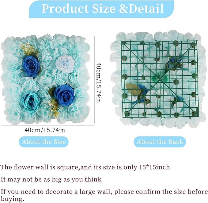 3D Flower Wall Backdrop - 12Pcs Artificial Flower Wall Panel 15 * 15inch Decoration Blue Roses Wall for Home Party Wedding Anniversary Birthday