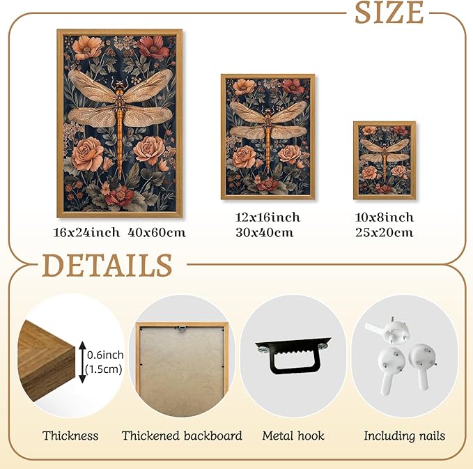 LLEEMPI William Morris Wall Art, Vintage Dragonfly Floral Wall Decor, Abstract Insect Flower Canvas Painting, Nature Botanical Poster Print for Living Room Bedroom Bathroom Office Wood Framed 12x16 inch