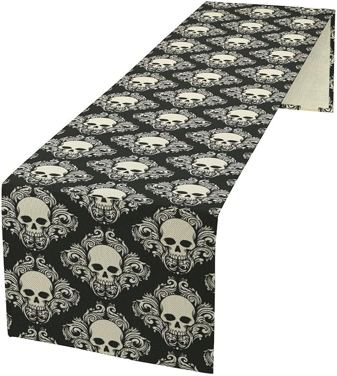 Gothic Table Runner,Dark Skull Pattern Table Runner for Home Kitchen Table Dining Garden Farmhouse Wedding Party Deco 13x120 Inch
