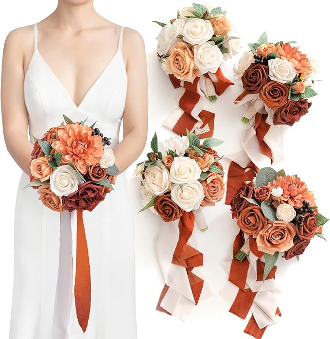 Ling's moment Terracotta Artificial Flowers Bridesmaid Bouquet Set of 4, Burnt Orange Wedding Flowers Bouquets for Bridesmaids, 7 Inch Bridal Bouquets for Bridesmaids, Wedding, Ceremony