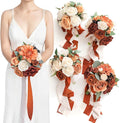 Ling's moment Terracotta Artificial Flowers Bridesmaid Bouquet Set of 4, Burnt Orange Wedding Flowers Bouquets for Bridesmaids, 7 Inch Bridal Bouquets for Bridesmaids, Wedding, Ceremony