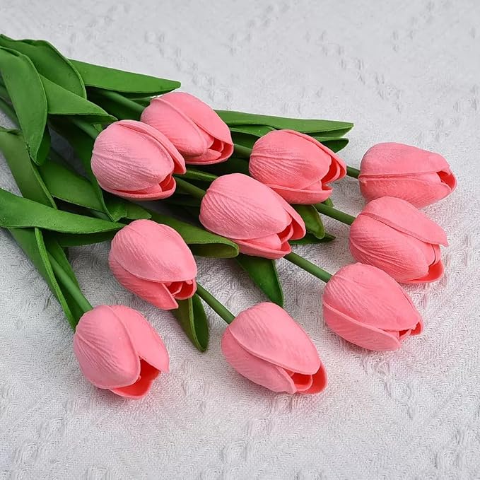 White Faux Tulips (20 Pcs) - Premium PU Artificial Flowers for Christmas & Thanksgiving Table Setting, Winter DIY Home Decor - 13.5" Real Touch