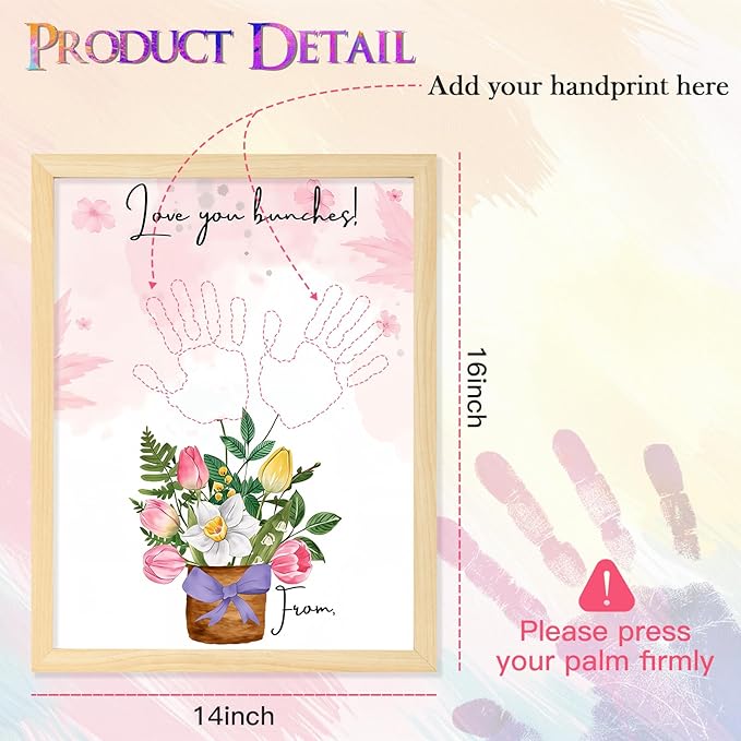 DIY FlowerHandprint Craft Kit for Grandma, Unique Gifts for Grandma, Birthday Gift for Mom Grandma Nana Mimi, Christmas and New Year Gifts(12" x 16", 2 Art Papers, Wood Frame)