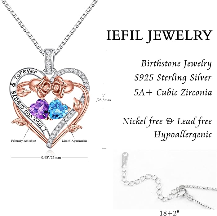 Iefil Rose Heart Double Birthstone Necklace Gifts for Wife Her Mom Women, Birthstone Jewelry Gemstone Birthday Gifts for Girlfriend Grandma Her Wife Women