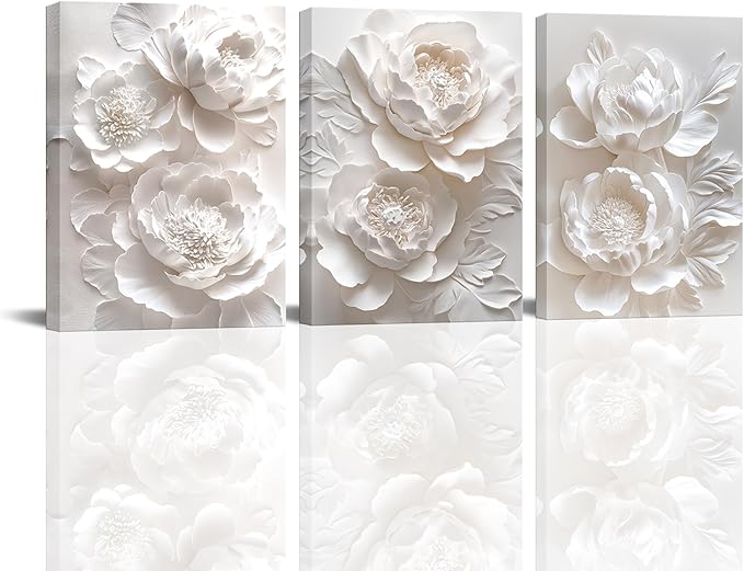 Sepwrol White Flower Canvas Wall Art Modern Abstract Rose Blooming Floral Textured Printing Artwork for Home Bedroom Living Room Wall Decor, 12"x16" 3 Panel (White-2)