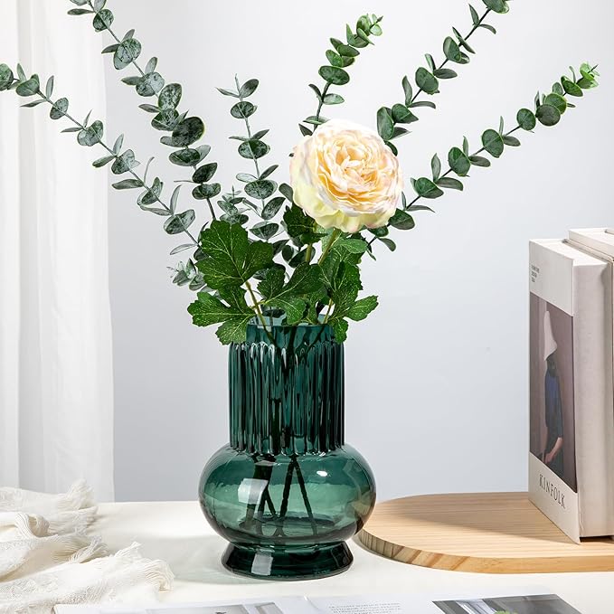 Blue Green Large Glass Vase for Flowers, 7" H x 3.5"/4.7" W Ribbed Vase Modern Wide Mouth Vase Flower Vases Decorative Glass Vases for Centerpieces Mantel Shelf Table Home Decor