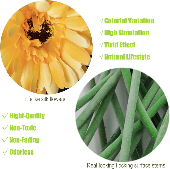 12pcs Artificial Gerbera Daisies,22 Inch Long Stem Silk Daisy Flowers,Realistic Artificial Flower Mums for Home Décor Centerpiece Wreath Supplies Wedding Bouquet,Light Yellow