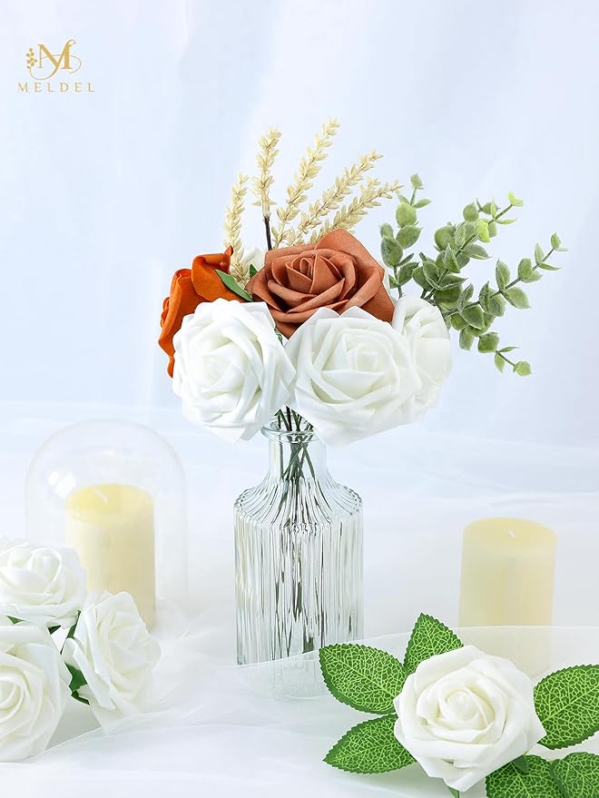 Meldel Artificial Flower 50pcs Real Looking White Rose Fake Foam Roses with Stems for DIY Wedding Bouquets Gifts Bulk Crafts Faux Floral Centerpieces Arrangements Party Home Tables Decorations