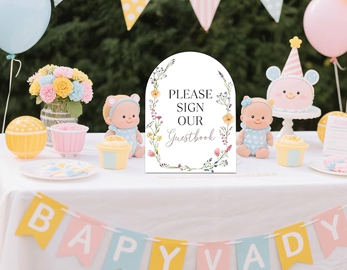 Boho Wildflower Please Sign Our Guestbook Sign for Baby Shower, 6x8 Inch Arch Wooden Sign with Stand, Floral Baby Shower Table Sign, Gender Neutral Party Decoration - MUK33