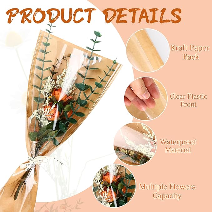 50Pcs Flower Bouquet Wrapping Paper Bags - Kraft Paper & Clear Sleeves for Bouquets, Flower Bar Supplies, Wedding, Mother’s Day, Graduation Gift, 9.45x3.74x17.75 Inch