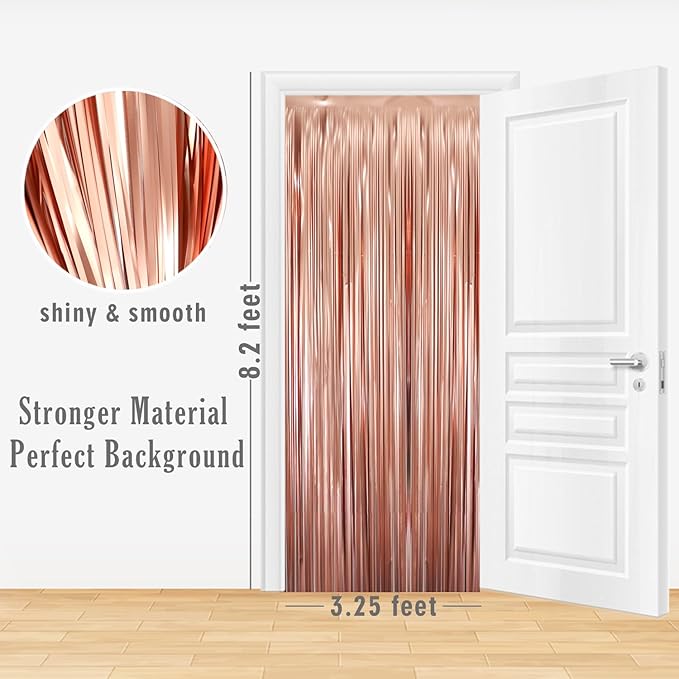 GOER 3.2 ft x 8.2 ft Metallic Tinsel Foil Fringe Curtains for Party Photo Backdrop Wedding Decor (4 Pcs,Matte Rose Gold), One Size