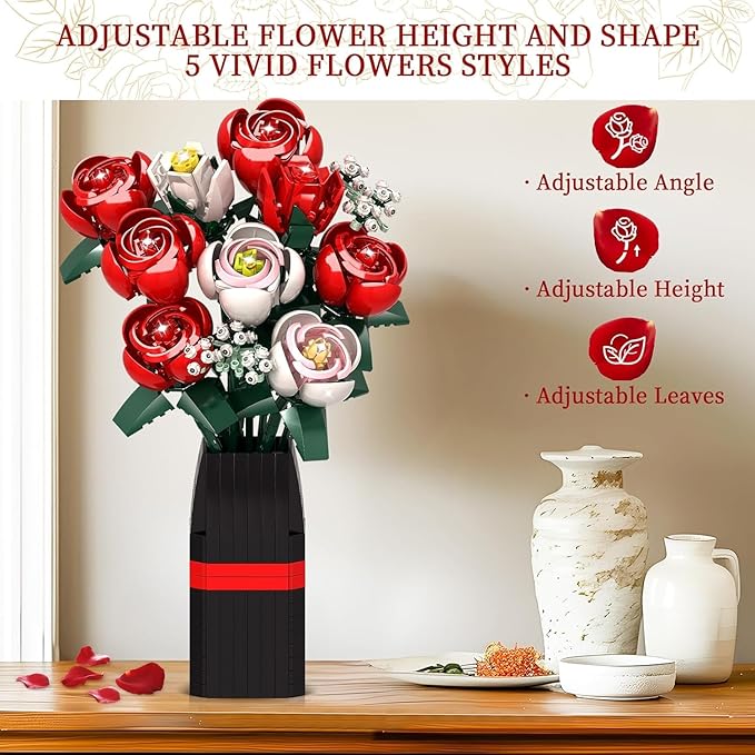 Roses Flower Bouquet Building Kit, 841PCS Red Roses Artificial Flowers with Vase, Botanical Collection Forever Rose Toy for Adults, Kids, DIY Gifts for Women, Her, Him Anniversaries