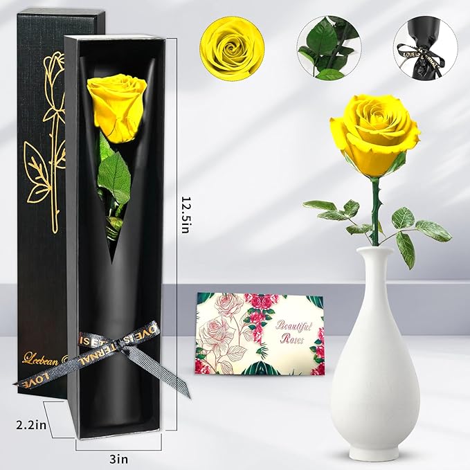 Yellow Single Forever Roses in a Box,Preserved Flowers for Delivery,Preserved Rose Gifts for Women, Real Roses Gift for Her, Mom Birthday Gifts, Mothers Day Flowers,Valentines Flowers