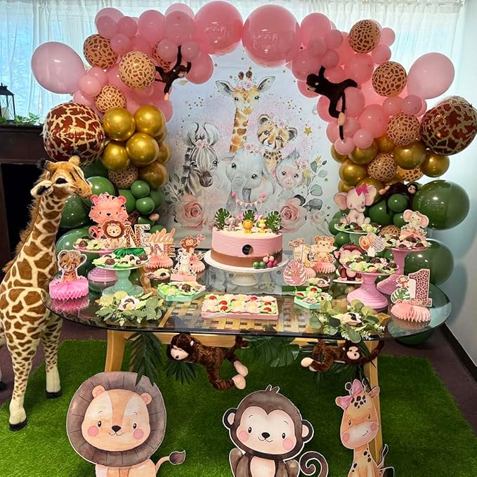 Sensfun Jungle Safari Baby Shower Backdrop It's A Girl Pink Floral Zoo Animals Baby Shower Party Decorations Wild One Birthday Photography Background Cake Table Banner Supplies (7x5ft)