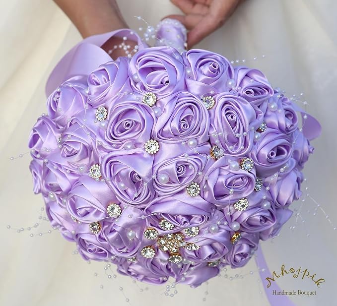 Bridal Wedding Bouquet Round Bling Brooch Bouquet Throw Toss Artificial Rose Flower Bunch for Bride Bridesmaid Wedding Quinceanera(Light Purple, 9.8")