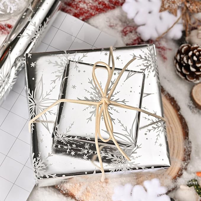 MAYPLUSS Christmas Gift Wrapping Paper Roll - 17 Inch X 33 Feet - Luxurious Metallic Silver Snowflake Elegant Frozen Winter Gift Wrap for Christmas Holiday Scrapbook Paper, Festive Decoration