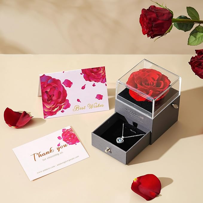 ADDWel Eternal Rose Gifts for Her - Preserved Rose with Silver Heart Pendant Necklace for Wife Girlfriend Mom | You are My Sunshine Music Box for Women - Perfect on Valentines, Birthday, Anniversary