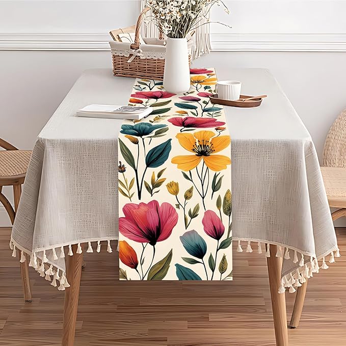 Watercolor Floral Table Runner – Elegant Red, Blue & Purple Blooms on Beige, 13x72 Inch Linen-Look Fabric for Dining Table, Kitchen, Spring & Summer Home Decor, Everyday Use
