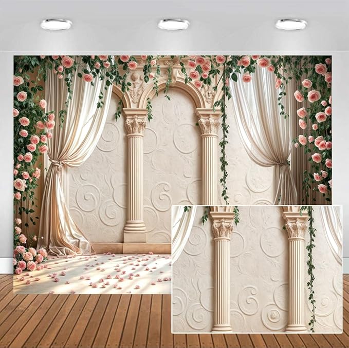 Wedding Party Backdrop, Floral Grass Wall White Sheer Curtain Flower Arch Photography Background, Greek Rose Wall Arch Lover Marriage Proposal Bridal Reception Photo Booth Props Banner 7x5ft