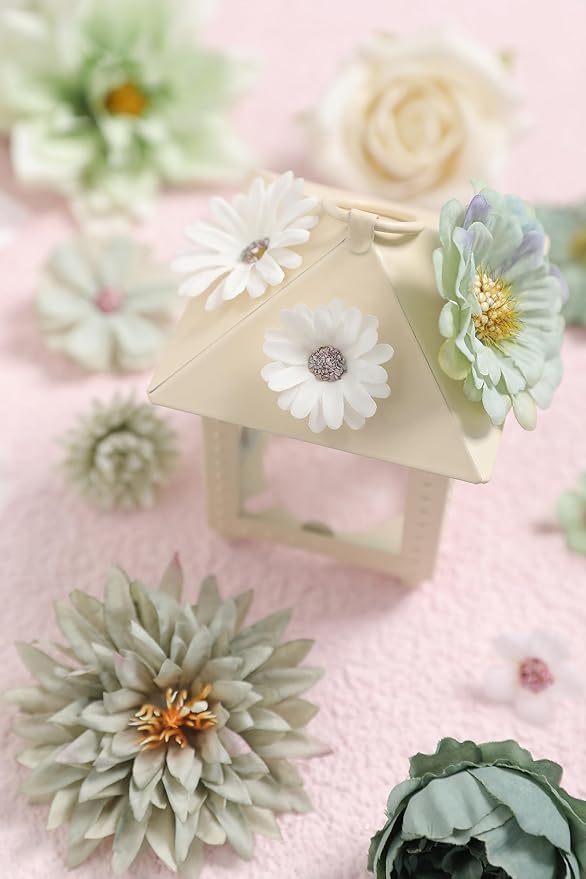 Artificial Flowers Heads Combo White Green Flowers Mix Silk Flowers Dahlia Roses for Graduation Cap DIY Cake Wedding Party Floral Arrangement Table Centerpieces Home Decorations