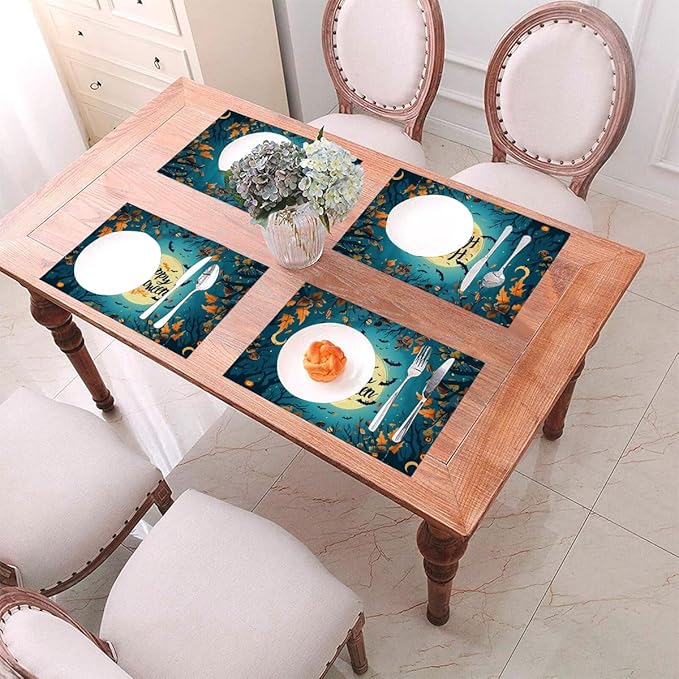 PVC Placemats Set of 4 Wipeable Table Mats Washable Heat Resistant Non Slip Vinyl Dining Table Mat for Kitchen Indoor Outdoor Patio Farmhouse Place Mats Halloween Bat Maple Decorative