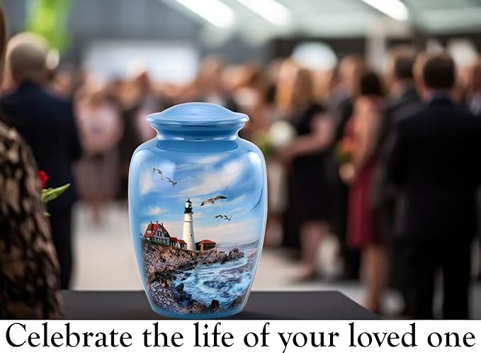 Lighthouse Urn - Full Size Portland Head Lighthouse Cremation Urn – Adult Urns for Men and Women – Ocean Blue Funeral and Memorial Urns for Human Ashes Upto 210 Lbs with Velvet Bag (Large)