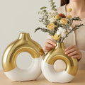 White and Gold Vase Decor Donut Vase Set of 2 - Circle Hollow Vases, Modern Matte Ceramic Vases for Entryway Living Room Bedroom Dining Table Centerpiece Office Home Decor