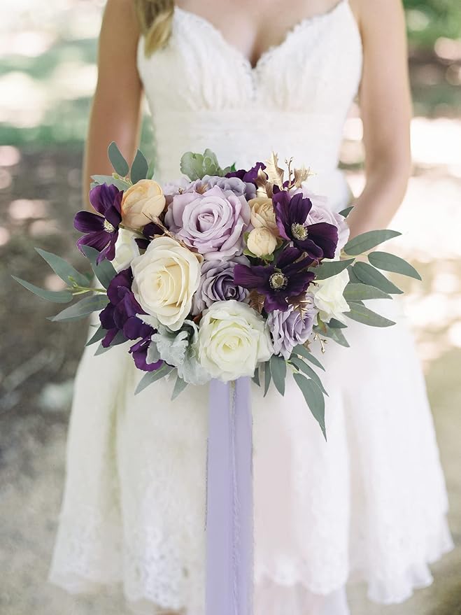 Rinlong Wedding Bouquet for Bride 11" Violet Purple Bridal Bouquets Artificial Flowers Purple Silk Wedding Proposal Bouquet