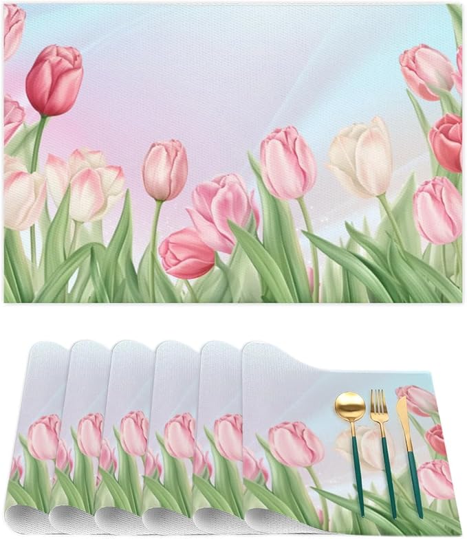 PVC Placemats Set of 4 Flower Tulip Pink Wipeable Table Mats Washable Heat Resistant Non Slip Vinyl Dining Table Mat for Kithen Indoor Outdoor Patio Farmhouse Place Mats Decorative