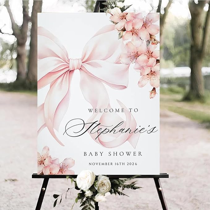 Personalized Pink Bow Baby Shower Welcome Sign, Custom Minimalist Bow Baby Girl Party Sign, Baby's Shower Gifts, Birthday Gifts, Gender Reveal Decorations, Newborn Announcement Party Supplies - 24