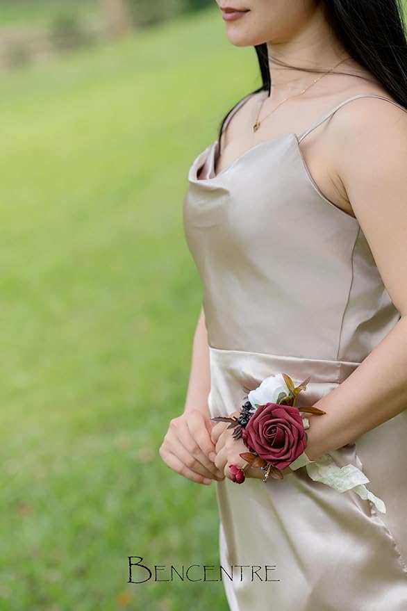 Burgundy Corsage for Wedding(Set of 6),Wrist Corsage,Corsage for Prom,Party Prom Hand Flower Decor,Bridesmaid Wrist Corsage,Vintage Wedding,Gothic Wedding,Artificial Flowers
